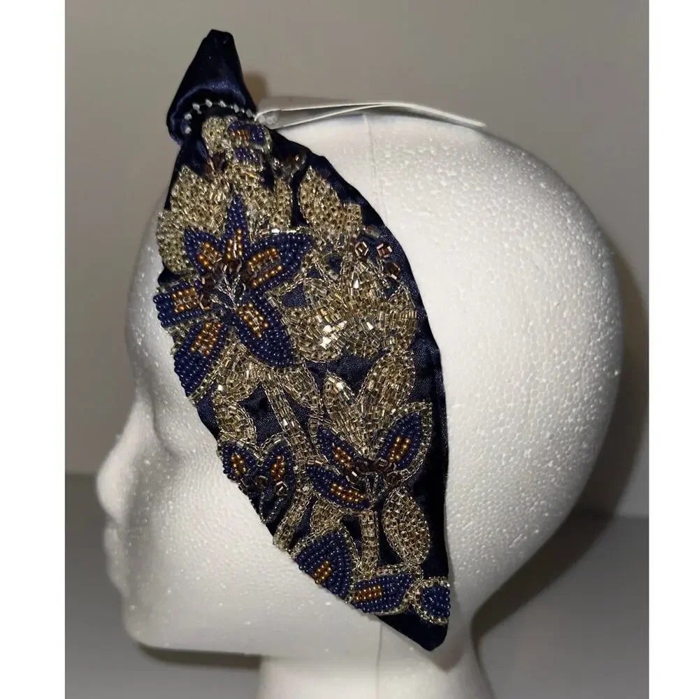 Headband Embellished Beaded Floral Knot – Navy Blue & Gold